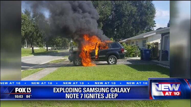 Carro em chamas devido a alegada explosão do Note 7