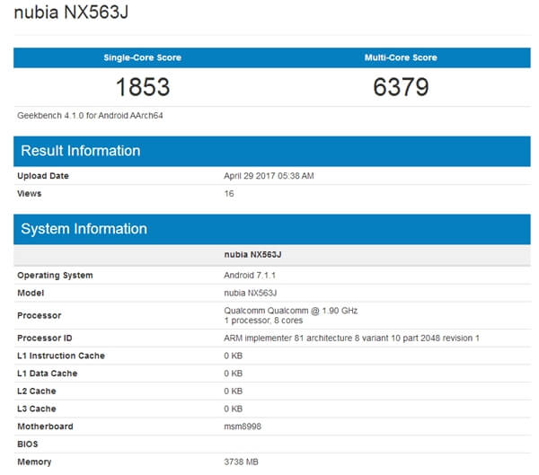 Alegadas especificações do Nubia Z17