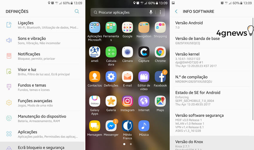 Capturas de ecrã do Samsung Galaxy S6 edge com Android Nougat
