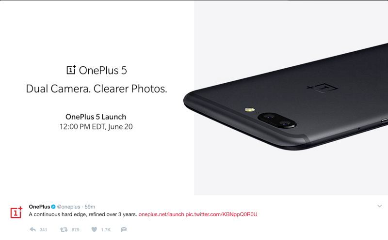 Tweet da OnePlus mostrando o OnePlus 5