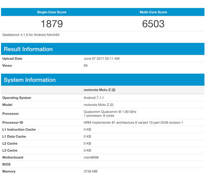 Benchmark do alegado Motorola Moto Z2