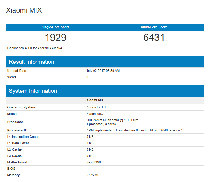 Mi Mix 2 Geekbench