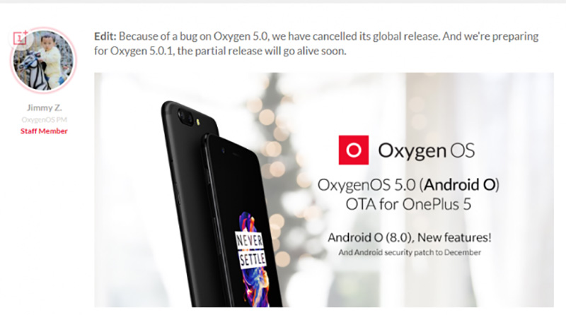 OnePlus 5 Android Oreo OxygenOS 5.0