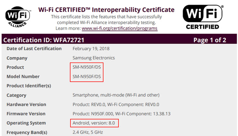 Android Oreo Wi-Fi Alliance Samsung Galaxy Note 8