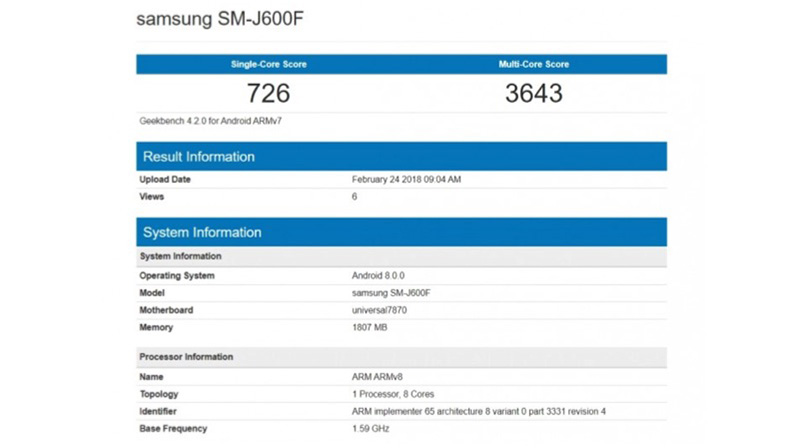 Samsung Galaxy J6 Android Oreo GeekBench