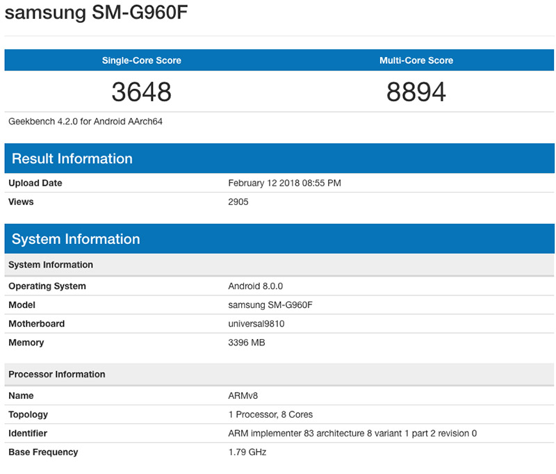 Samsung Galaxy S9 Exynos 9810 Android Oreo
