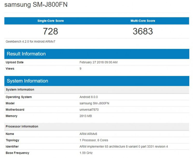 Samsung Galaxy J8 2018 GeekBench Android