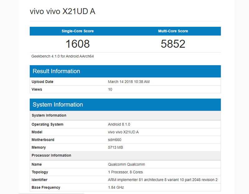 Vivo X21 UD Geekbench smartphone Android