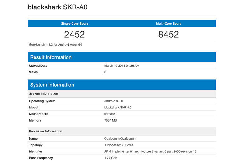 Xiaomi Blackshark SKR-A0 Geekbench Android smartphone