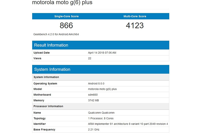 Geekbench Android Oreo Motorola Moto G6 Plus Snapdragon
