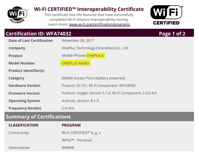OnePlus 6 Android Oreo Wi-Fi Alliance