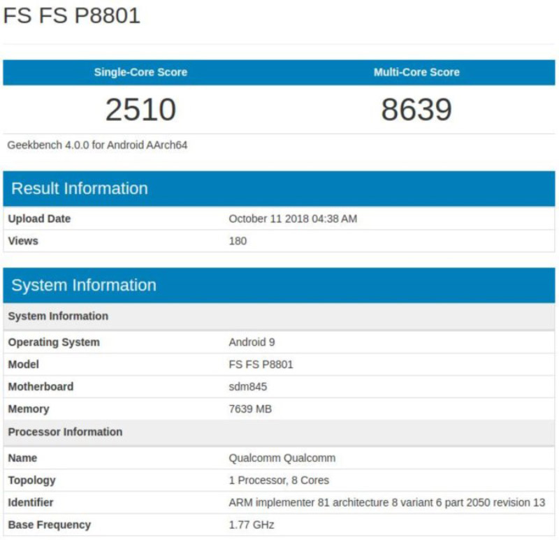 OnePlus 6 Android Pie GeekBench 1