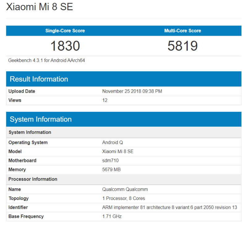 Xiaomi Mi 8 SE Geekbench Android Q