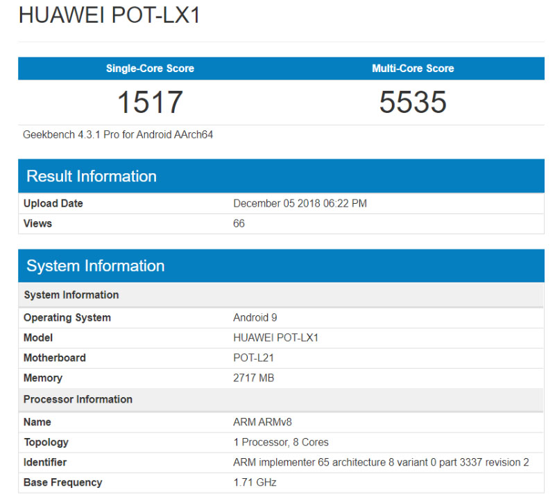 Huawei P Smart 2019 Android Pie Geekbench